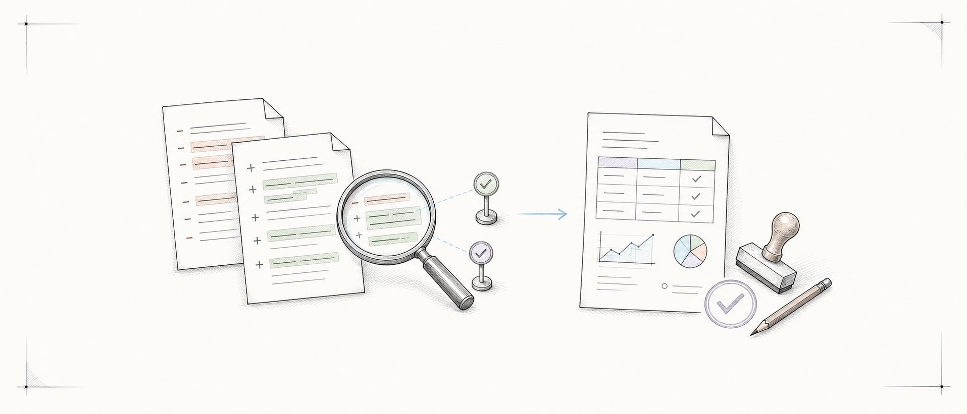 A handdrawn local Git diff being inspected and turned into an audit report with a human decision