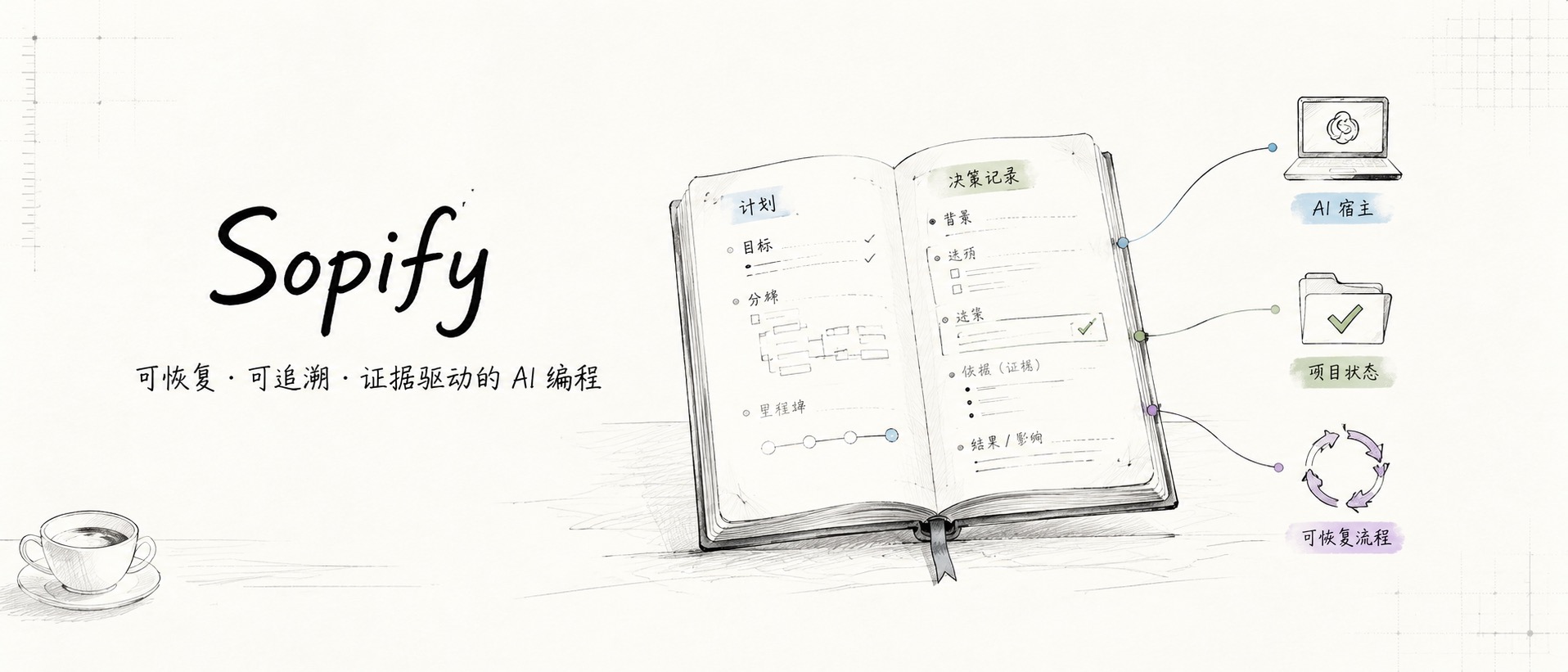 手绘 Sopify 工作台，展示 AI 工作流停车、保存方案并恢复执行