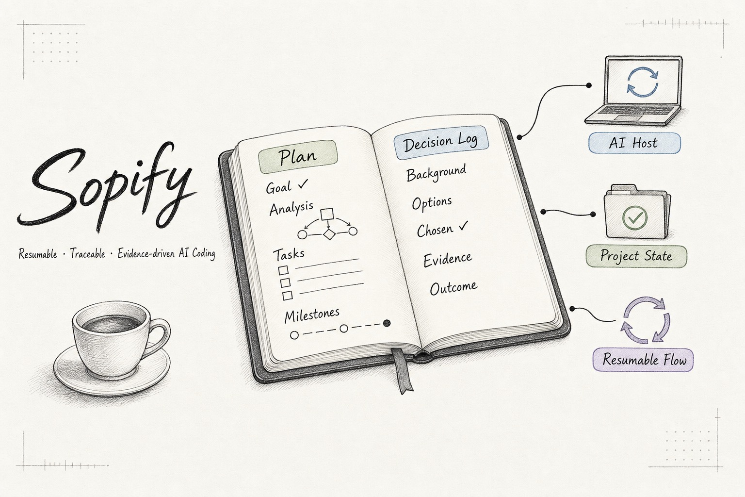 Hand-drawn Sopify workspace showing an AI workflow that pauses, records a plan, and resumes